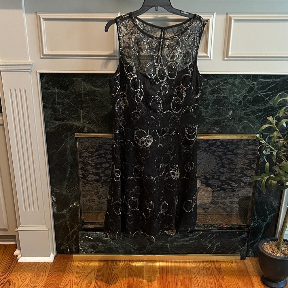 Kay Unger Black A-line Dress with gold thread design and black sequins